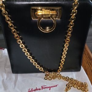 Salvatore Ferragamo Black Leather Shoulder Bag with Gold Chain